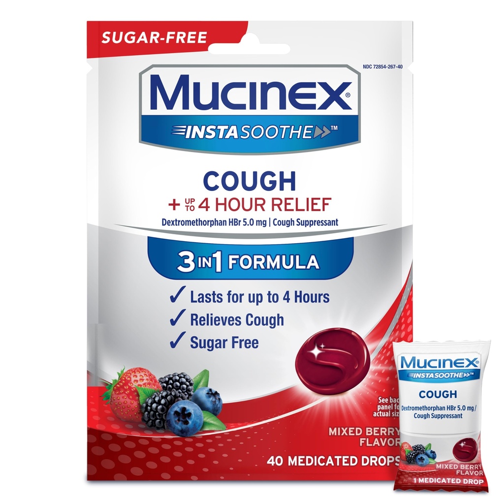 Mucinex Instasoothe Sugar Free Cough Drops, Cough Medicine for Adults with Dextrometorphan HBr, Non Menthol Cough Drops, Cough Suppressant Lozenges, Mixed Berry lääke yskä Drops, 40ct
