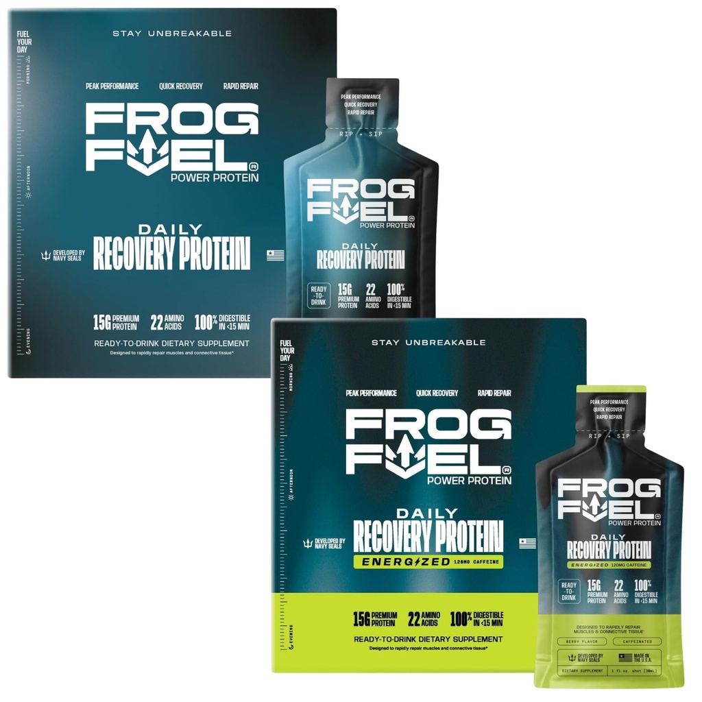 Frog Fuel Power Regular & Power Energized Complete Protein Shot Bundle, 15g Protein Nano-Hydrolyzed Grass Fed Collagen, Post Workout, Fat & Sugar Free, 22 Aminosyror, Berry, 1 oz Packets, 48 Pack