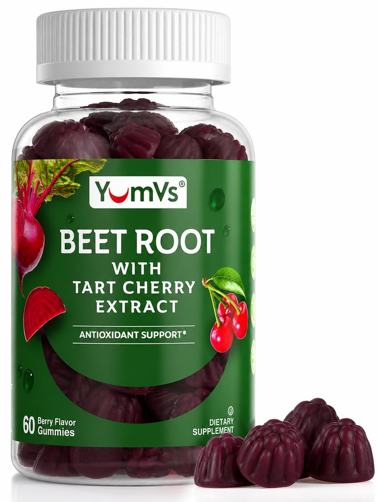YUM-V's Beet Root Gummies kanssa Tart Cherry Extract - Berry Flavor Beetroot Gummies - Beet Chews verenkierron ja antioksidanttien tuki - Punaiset Beets Gummies (Berry 60 Count (Pack of 1)