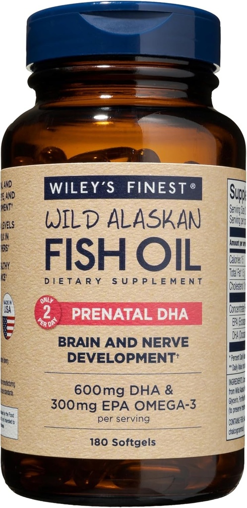 Wiley's Finest Wild Alaskan Fish Oil Prenatal DHA - 900mg EPA ja DHA Omega-3s raskaana oleville naisille ja hoitoäideille - 180 Softgels (90 Prenatal vitamiineja)