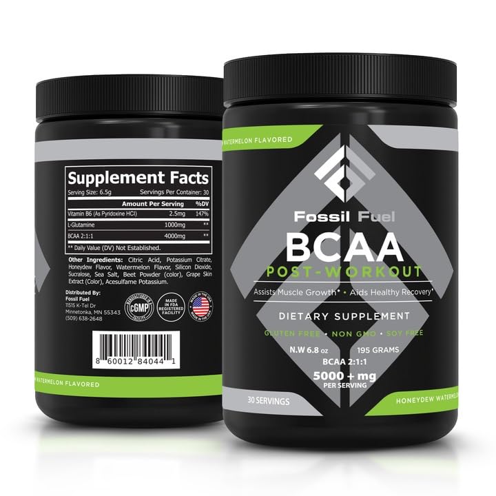 Fossiiliset polttoaineet BCAA Sokeriton post-Workout jauhe BCAA..., Glutamiini, B6-vitamiini harjoituksen jälkeen, Aminohapot lihasten talteenottoon, Endurance ja nesteytys, Honeydew Watermelon (30 Servings)