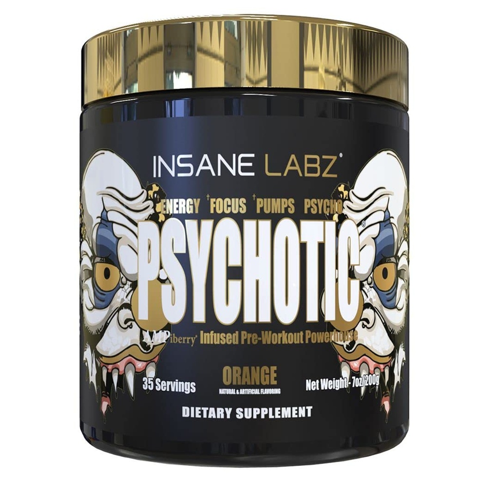 Insane Labz Psychotic Gold, High Stimulant Pre Workout Powder, Extreme Lasting Energy Focus, Pumps and Endurance med Beta Alanine, DMAE Bitartrate, NO Booster (35 portioner, Orange)