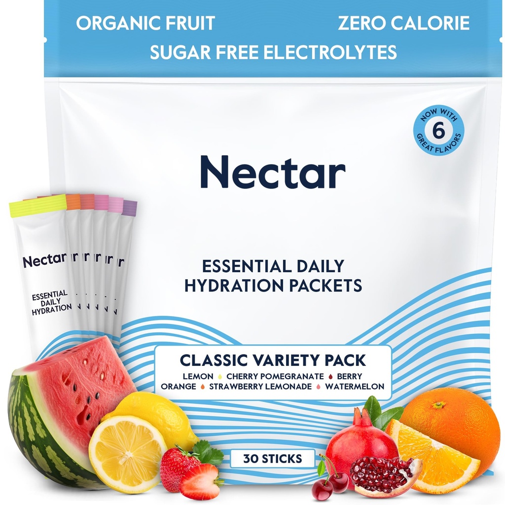 Nectar Hydration Packets - Electrolytes Powder Packets - Sugar Free & 0 Calorie - Organic Fruit Liquid Daily IV Electrolytes Powder för Dehydration Relief and Rehydration (Variety 30 Pack)