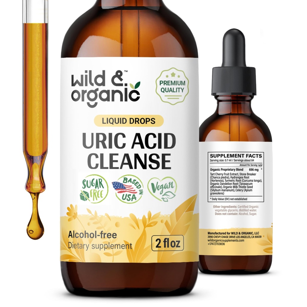 Wild & Organic Uric Acid Cleanse Drops - Tart Cherry, gurkmeja, Chanca Piedra Stone Breaker Komplex för njurrengöring - Uric Acid Support Supplement - Vegan, Sugar & Alkoholfri Tincture - 2 oz
