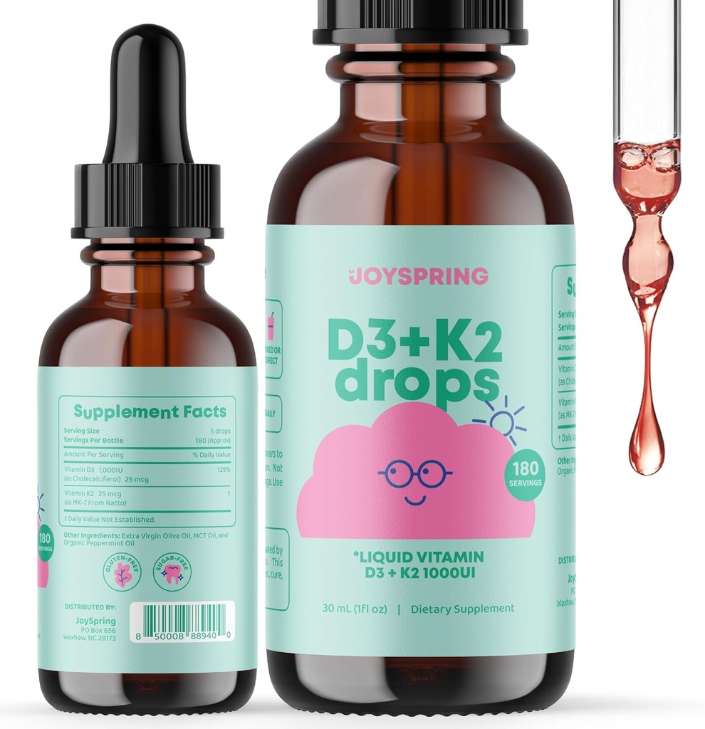 JoySpring nestemäinen D3-vitamiini K2-vitamiini D lapsille - Immuunituki lapsille, Päivittäinen Multivitamiini Burdock juuri & Elderberry lapsille Immuuni Booster ja Natural Kids Focus lisäravinteet Drops