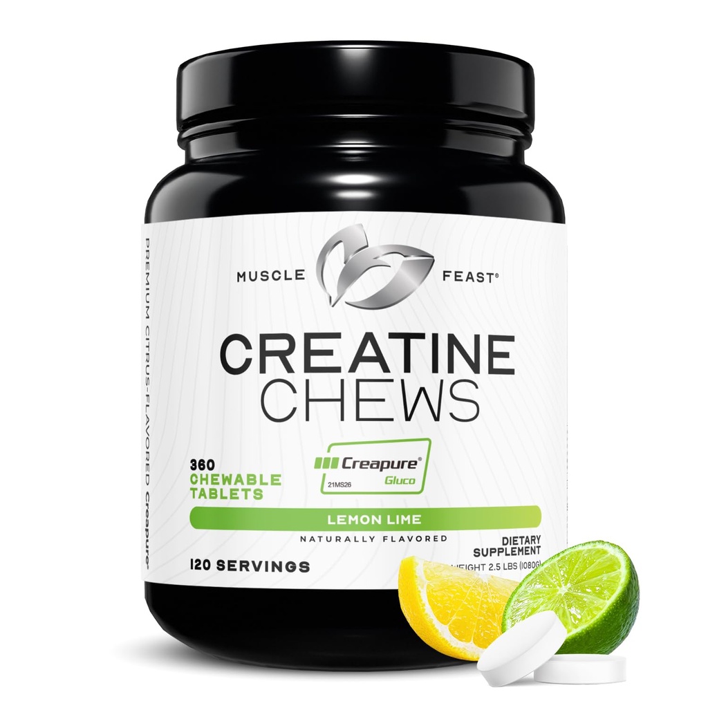 Lihas Feast Creatiini Monohydraatti Purut - Vegaani & Gluteeniton Creapure Creatiini Purut miehille & naisille - Herkullinen Citrus-Flavored Creatiini Tabletit lihas Building - sitruunan lime, 360 Tabs