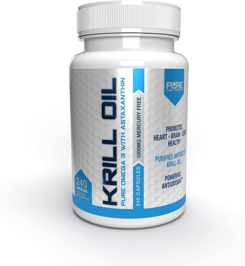 Pure Label Nutrition Fresh Antarktis Krill Oil 1000mg, Omega 3's, Extra Strength, EPA & DHA softgels antioksidantti Astaksantiini. Heart Health Supplement ja ei Fishy Jälkimaku. 240 geelikapselia