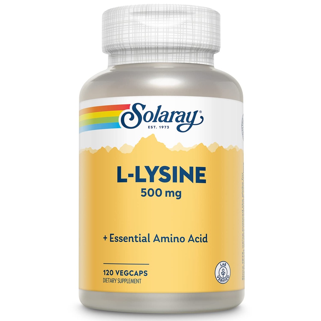 SOLARAY L Lysine 500 mg kapslar - Free-Form Essential Amino Acids Supplement - Kraftfull Wellness Support med L-Lysine Amino Acid - Lab Verified, 60-dagars garanti, 120 portioner, 120 VegCaps