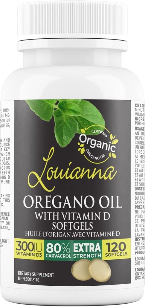 Louianna - Luomu Wild Oregano Oil D-vitamiini, Liquid Softgel Kapselit 80 prosenttia Carvacrol, Tukee luut, Immuuni ja Gut Health, Herbal Lisäravinteet, 120 Softgels