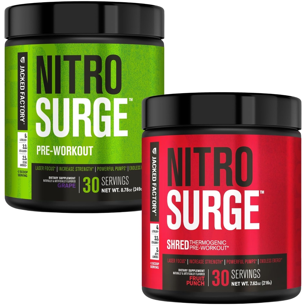 Jacked Factory Nitrosurge Pre-Workout i Grape & Fruit Punch Nitrosurge Shred Thermogenic Pre-Workout för män och kvinnor