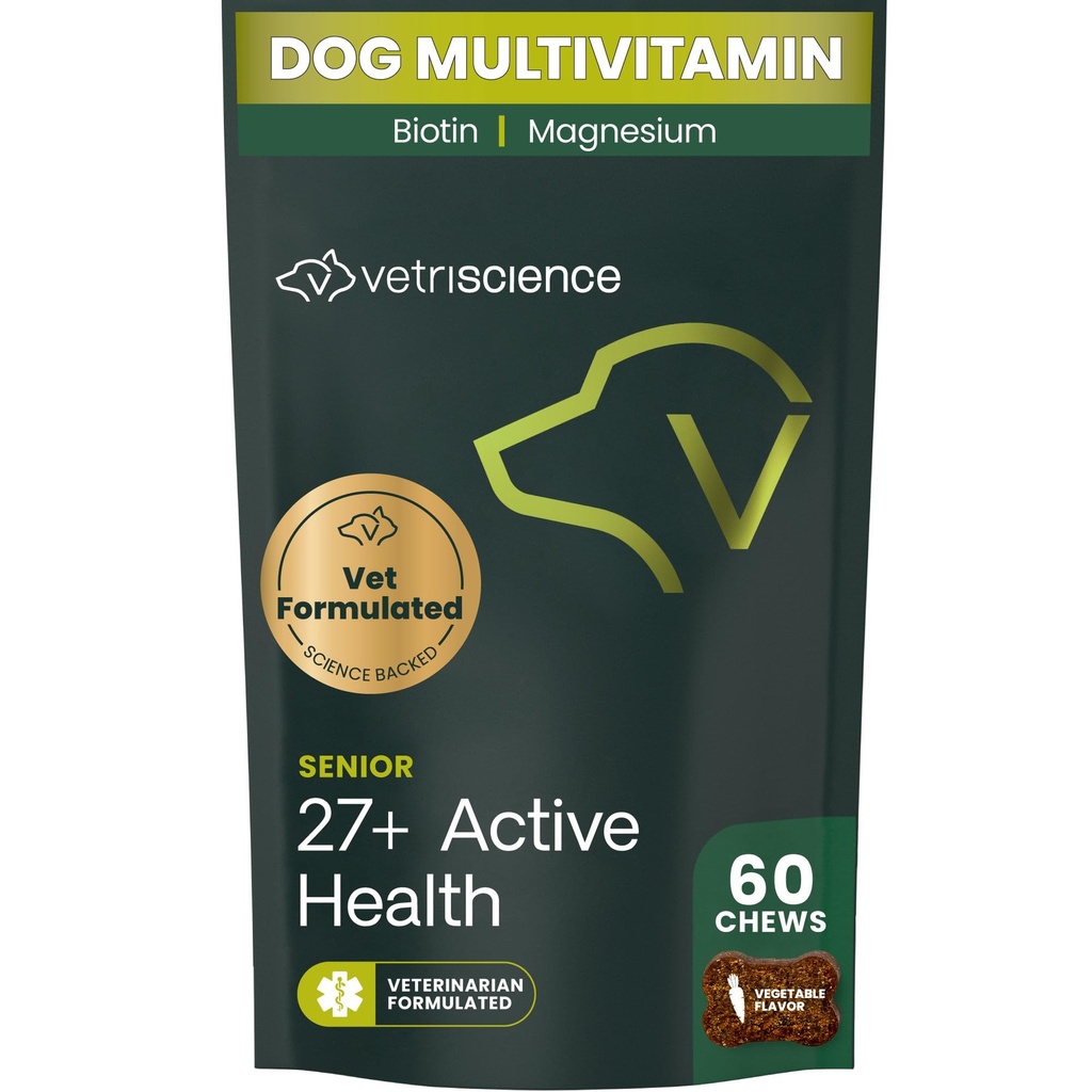VetriScience Senior 27+ Active Health Chews, Canine Plus Daily Multivitamiini Senior Dogs, Balanced Vitamiinit, Minerals ja antioksidantit, Terve ikääntyminen ja hyvinvointi tuki, kasvis, 60 kreivi
