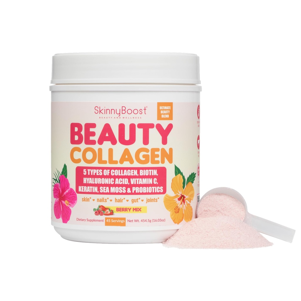 Beauty Collagen Powder-5 Tyypit Hydrolysed Collagen, Sea Moss, Biotiini, Keratin, Hyaluronihappo, C-vitamiini ja Probiootit.Hair, iho, kynnet- Kaikki luonnolliset, Valmistettu USA-45 Servings- Mixed Berry