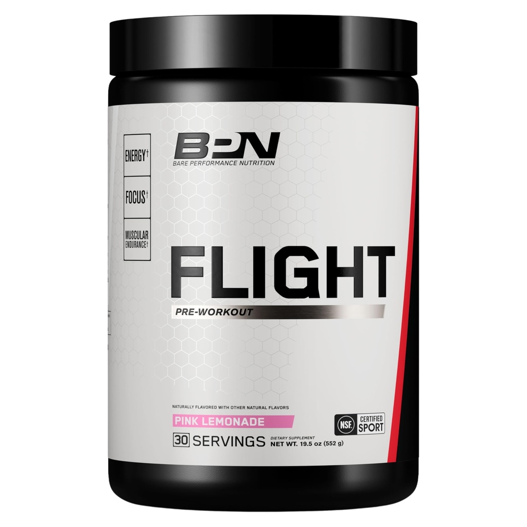 BARE-TEHOKKUUS BPN Flight Pre harjoitus, tukee energiaa ja mielenfokus, parantaa kestävyyttä ja lihaspumppuja CarnoSyn® Beta Alanine, vaaleanpunainen sitruuna, 30 tarjoilua