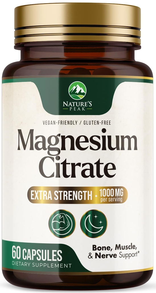 Magnesium Citrate 1000mg - High Absorption Magnesium Supplement stöder muskel, ben, nerv och hjärthälsa - Extra Strength Magnesio Complex Pills - Non-GMO, Premium Energy Formel - 60 kapslar