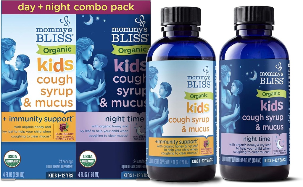 Äidin Bliss Organic Cough Syrup & Lima lapsille, päivä ja yö Combo Pack kanssa C-vitamiinia ja immuniteetin tukea, sisältää Luomu hunajaa ja Ivy Leaf, 4 Fl Oz (paketti 2)