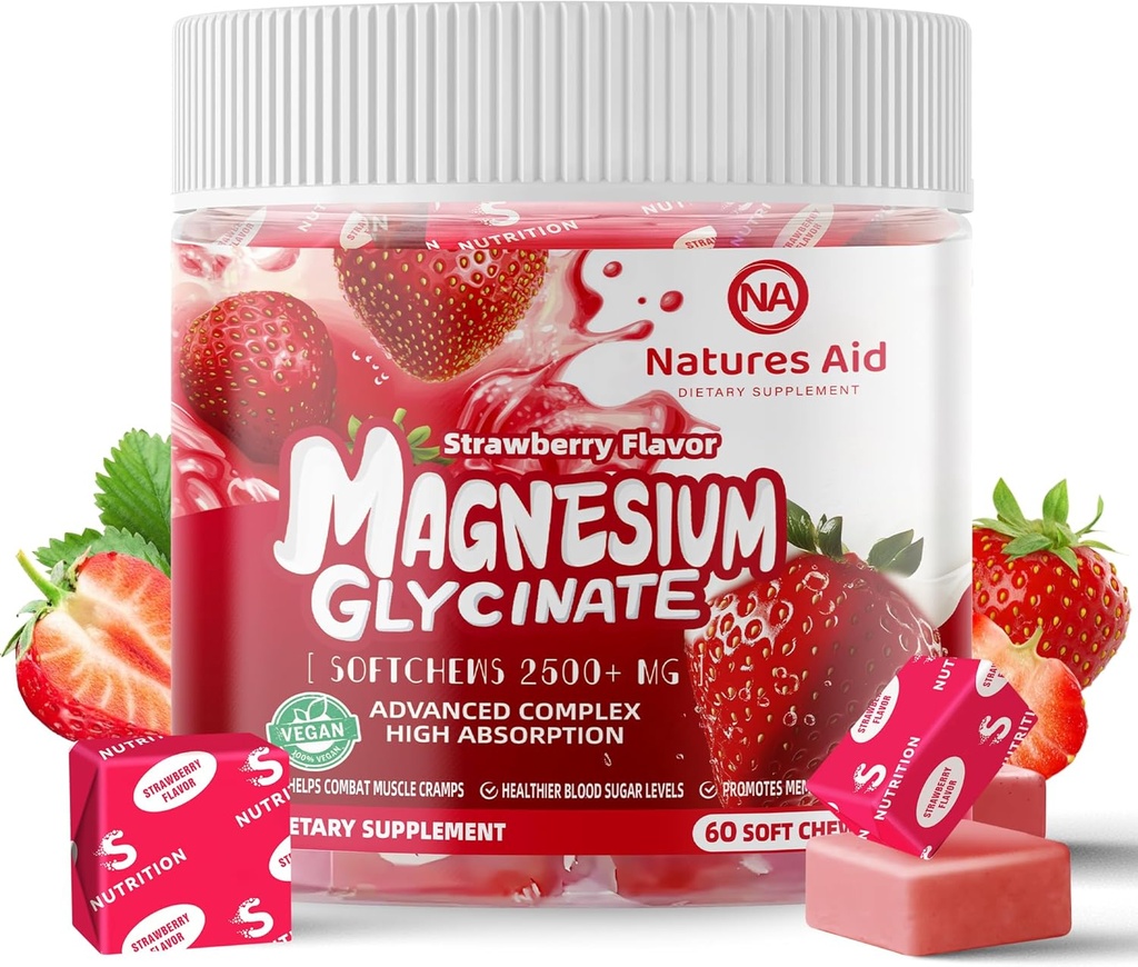 Magnesium Glycinate Soft Chews, Mansikka maku. Pureskeltava sokeriton kalium Magnesiumpuru ja magnesiumglutamaatti, D-vitamiini, B6 ja CoQ10 rauhoittavat tuki ja uni aikuisille, 60 päivän tarjonta