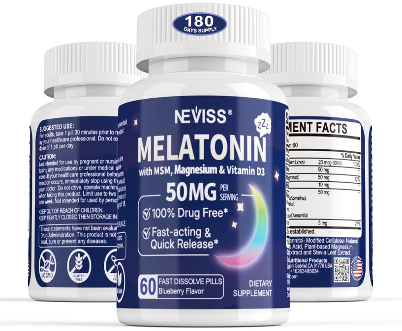 Melatoniini 50 mg aikuisille - Extra Strength 9-in-1 Nopeasti liuotetaan Sublingual - w/Vitamin D3 & MSM, rentouttava Herbal Blend-Ashwagandha, sitruunan Balm, Passionflower, kamomilla, Sokeriton, Vegan 180 tarjoilua