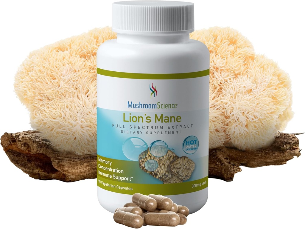 MushroomScience Lions Mane Sienikapselit, Muisti & Keskittyminen Tuki, Full Spectrum Extract, Sienen täydentää aikuisille, Kuuma vesi uutteita sieniä, Kasvisruokaa, 300MG, 90 ct