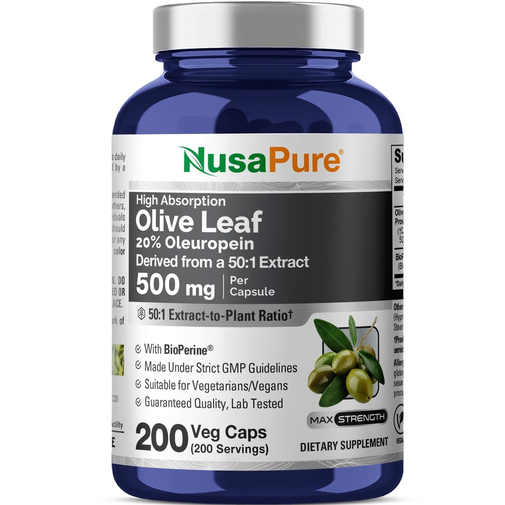 NusaPure Olive Leaf 20% Oleuropein 50:1 uute, 500 mg vastaten 25 000 mg 200 Veg Caps Sopii vegetaareille ja vegaaneille, ei-GMO