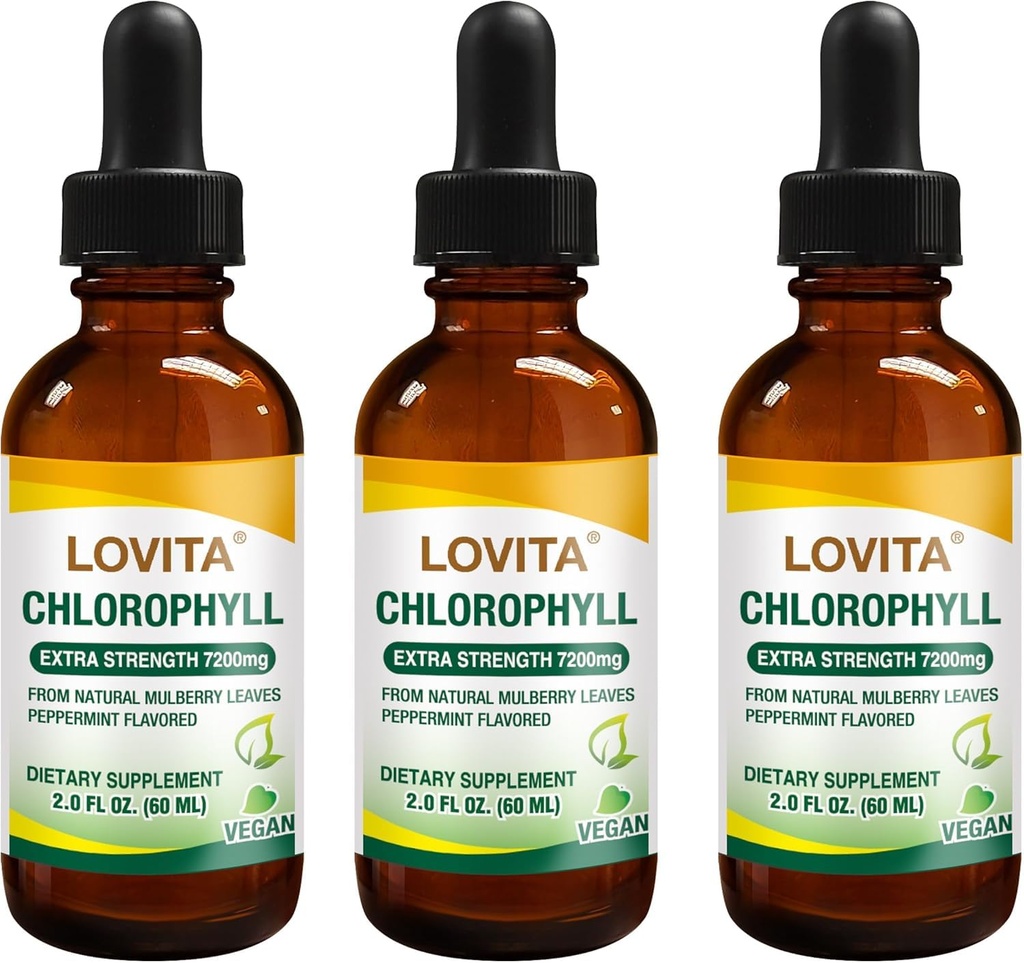 Lovita klorofyllin nestetippa, korkea teho 120 mg/ml, 7200 mg/pullo, luonnonenergiatehokas ja immuunituki, sisäinen deodorantti, ihon terveys, vegaaninen ja ei-muuntogeeninen aine, minttumaha, 180 tarjoilua