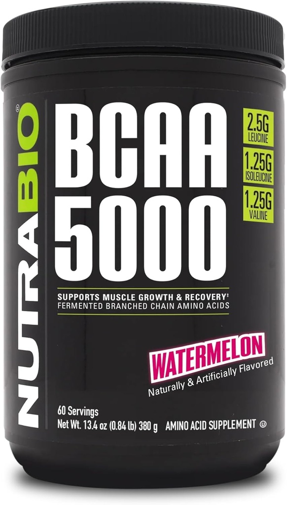 NutraBio BCAA 5000 Jauhe - Vegan Fermented BCAAs - Tukee Lean Muscle Growth, Recovery, Endurance - 60 Tarjoilut - Watermelon