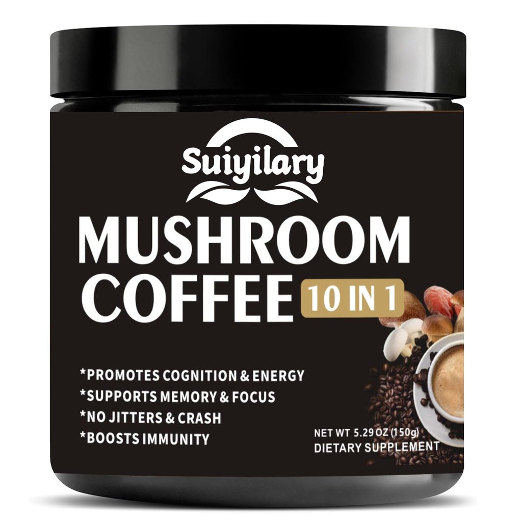 Mushroom Coffee, 10 Mushroom Extract Powder Blend Lion's Mane, Reishi, Chaga, Cordyceps, Turkiet Tail, Brain Supplements med omedelbar kaffe för energi, fokus, minne och immunitet 150g