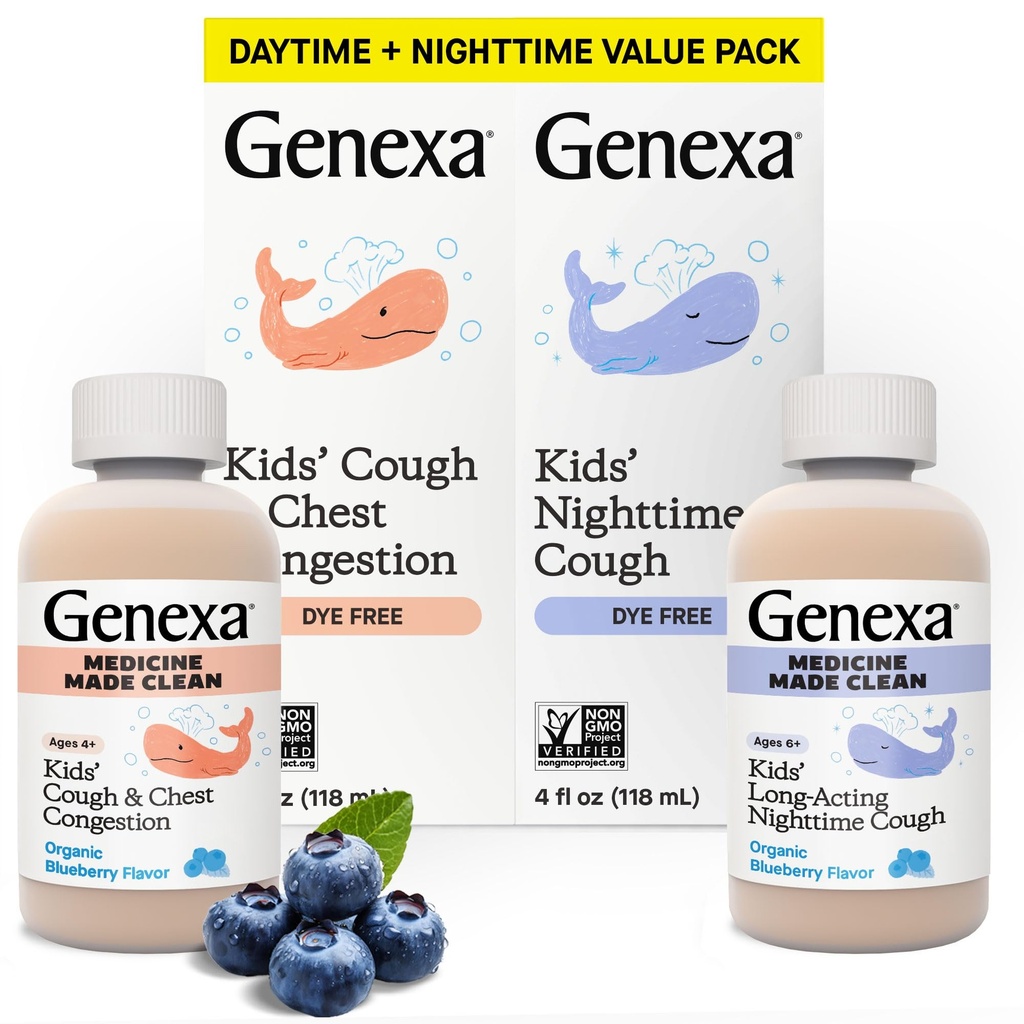 Genexa Kids' Clean Day & Night Cough Medicine, Dye Free, 0% Artificial Additives, Children's Cough, Chest Congestion, Runny Nose & Sneezing Relief, Ålder 6+, Organic Blueberry Flavor, 8 fl oz (2 Pack)