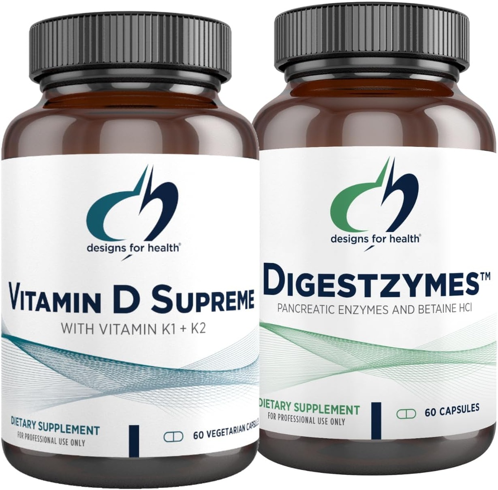 Designs for Health D-vitamiini Supreme + Digestzymes Dgestive Enzymes Bundle - D3-vitamiini 5000 IU kanssa 2000mcg vitamiini + digestio tuki Entsyymit Betaine HCl - 2 Tuotteet