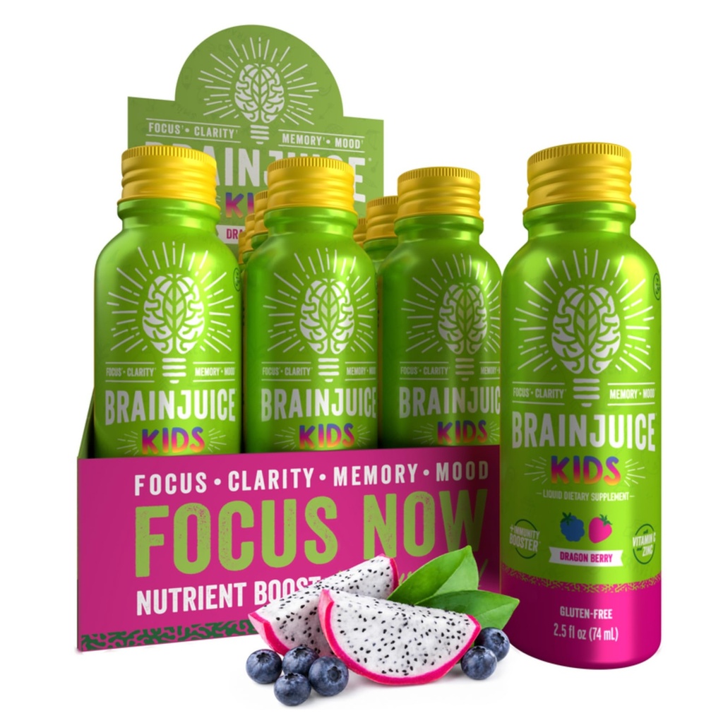 AivotJuice Kids Brain & Immuuni tuki Shot, Gluteeniton täydentää shotit energia, keskittyä, immuniteetti D-vitamiini, C, B, Alpha GPC & Organic Ginger Root, ikä 5+, Dragon Berry, 2.5 fl oz, 12 pakkaus