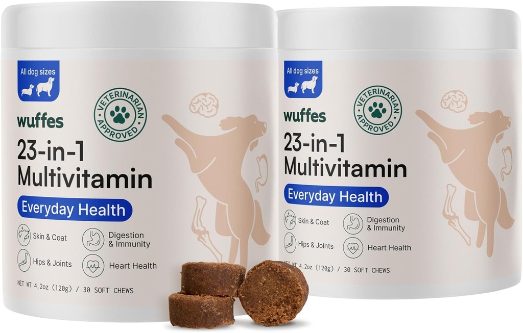 Wuffes 23-in-1 Pureskeltava koira Multivitamiini & Supplements Bundle - Dog Multivitamiini pienille ja suurille rotu - 2 pakkaus - 60