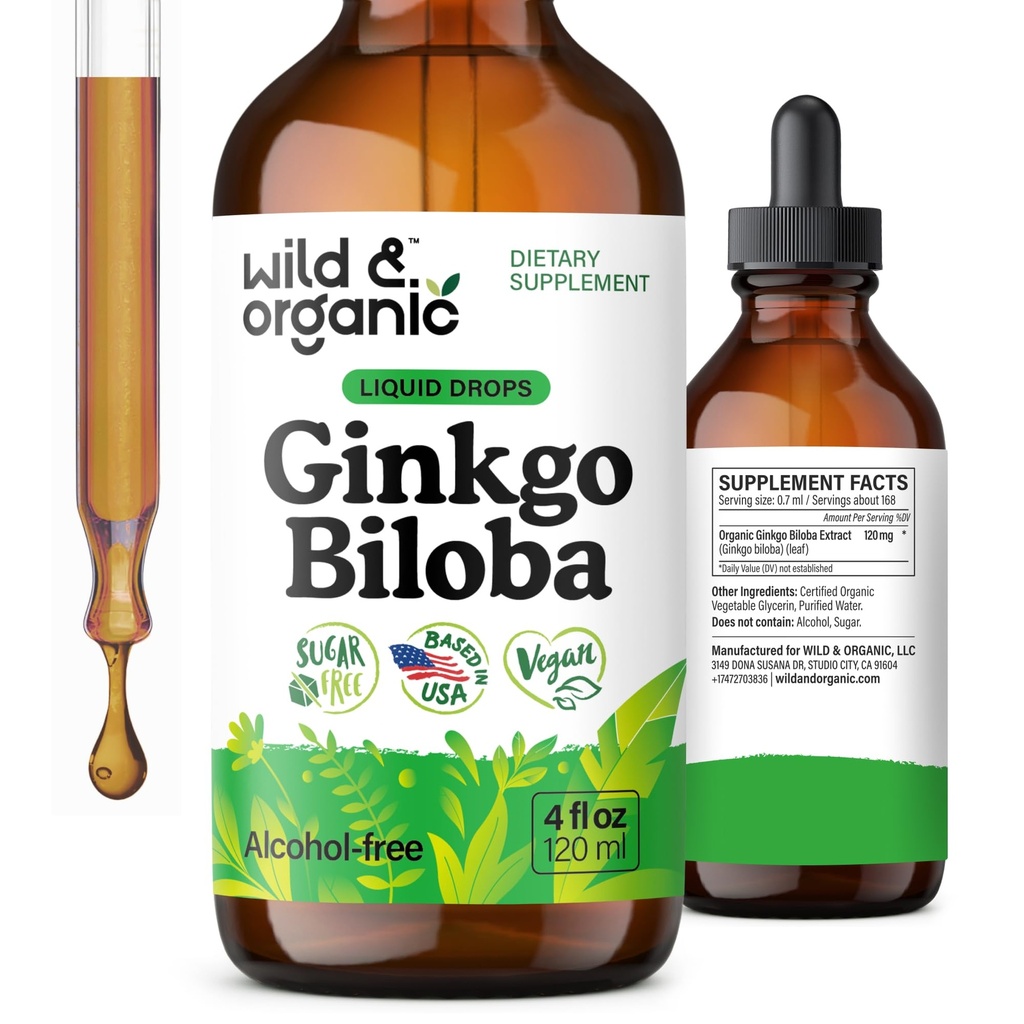 Wild & Organic Ginkgo Biloba Extract Drops - Brain & Focus Support - Liquid Ginkgo Biloba Lisäravinteet - Vegaani, sokeri ja alkoholiton kasviperäistä tinktuura - 4 fl oz