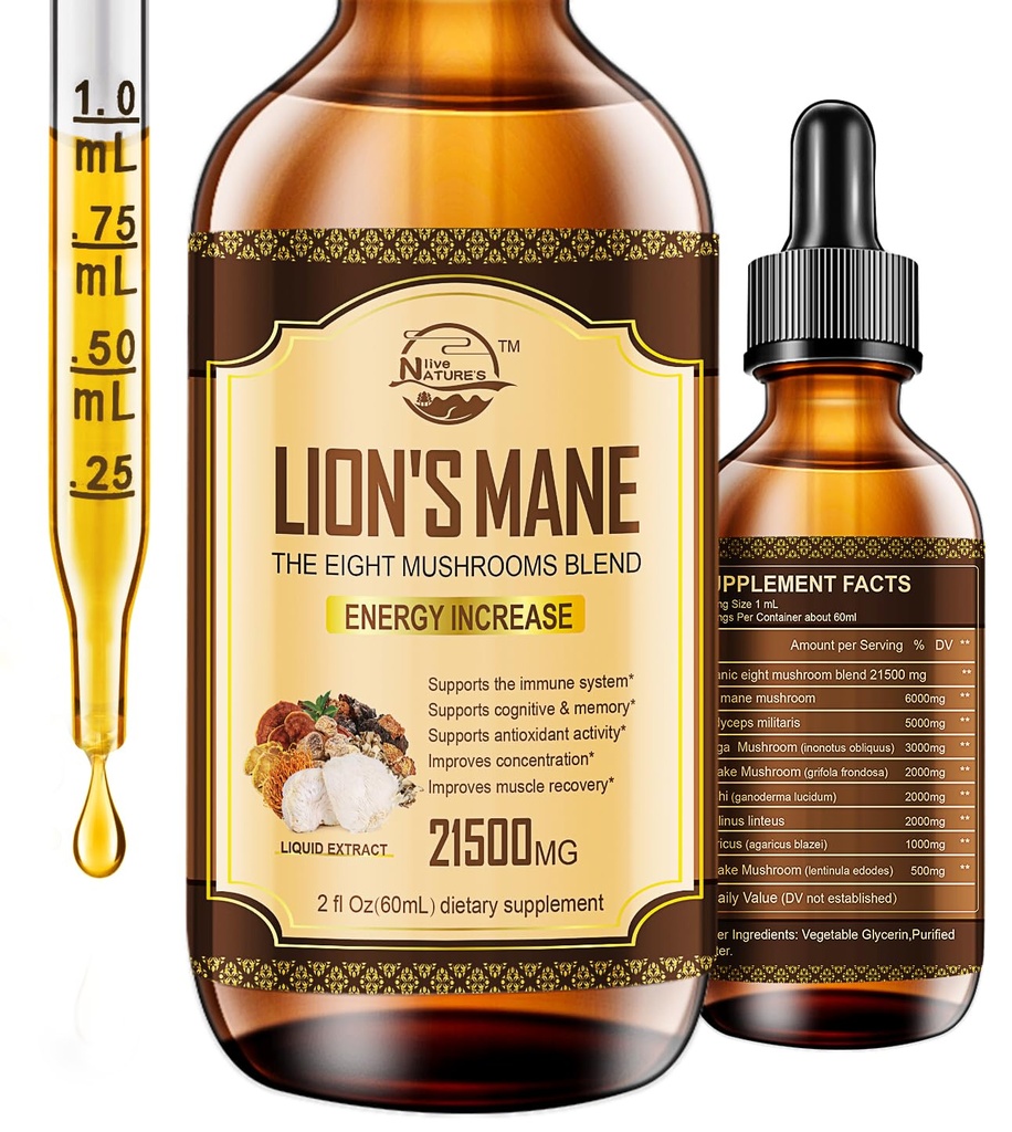 Lions Mane Supplement, Liquid Mushroom Extract Drops, 8 Sienet Complex Cognitive tukea ja immuniteetti Boost, Enintään 2 kuukauden tarjonta, Sienen täydentää leijonan Mane, Cordyceps, Reishi