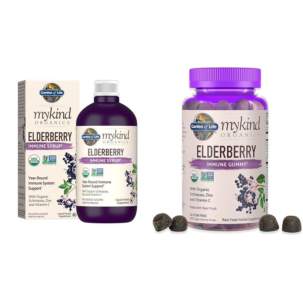 Garden of Life Organics Plant-Based Elderberry Immune Syrup 6.59 fl oz & Organics Elderberry Gummies för vuxna och barn