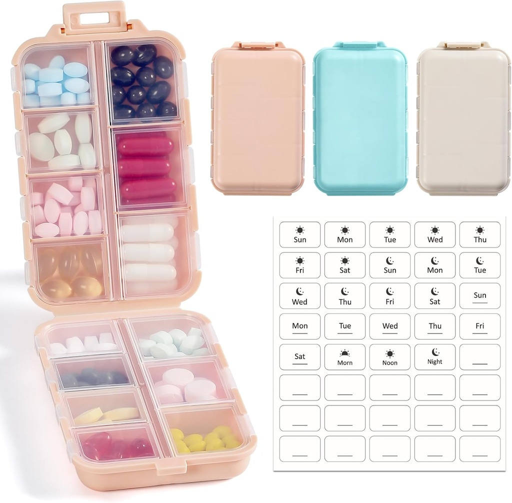 3 pakkaus, 14 GRIDS Travel Pill Organizer Box etiketeillä - Travel Medicine Case Kit - Pocket Daily Pharmacy Container - Matkalääkkeiden haltija Dispender Fish Oil Vitamiin Storage