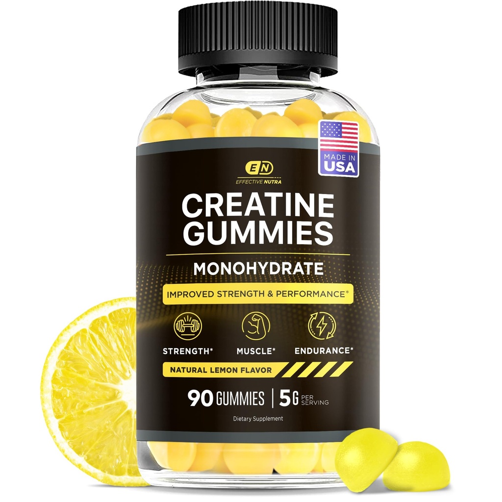Tehokas Nutra Creatiini Monohydraatti Gummies - 1g Creatiini per Gummy - Vegan Lihas & vahvuus täydentää miehille ja naisille - tukee lihasten kasvua, energiaa, kestävyyttä - sitruuna maku, valmistettu USA (90ct)