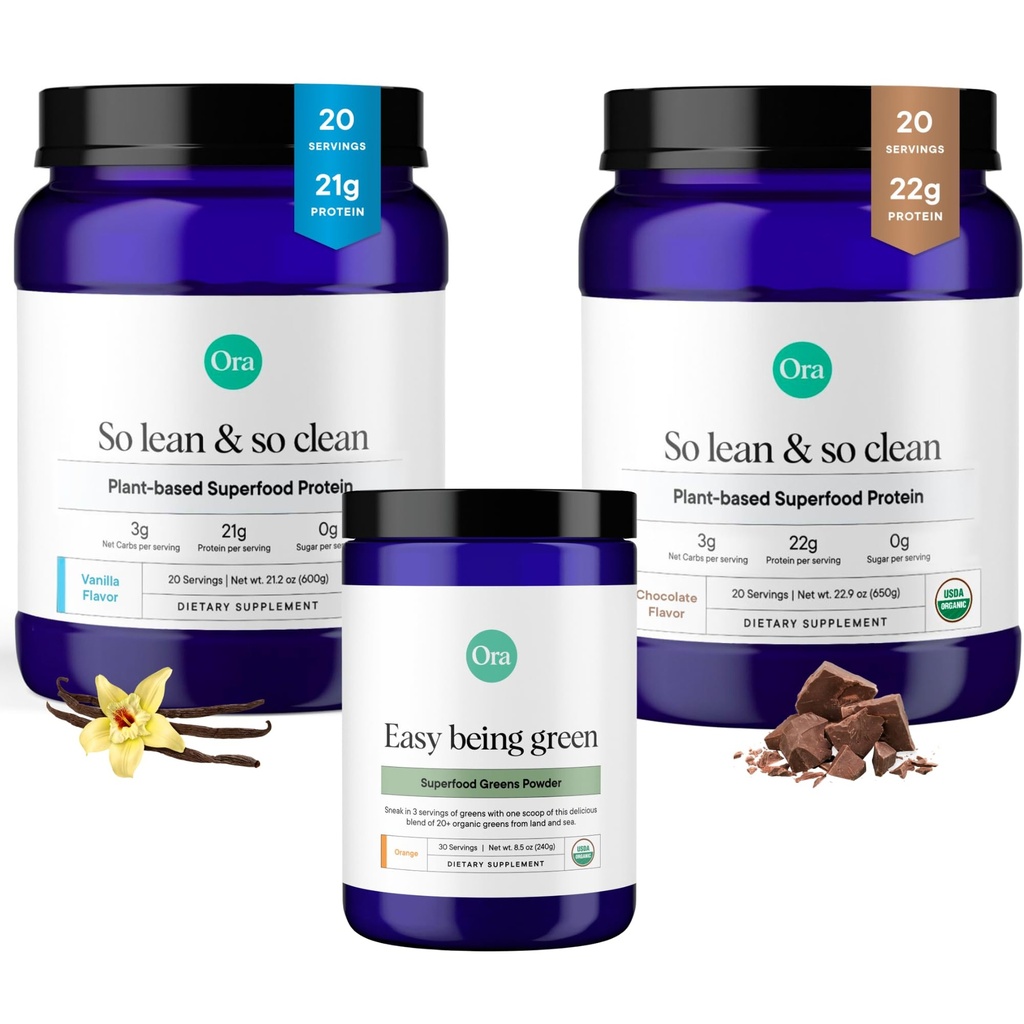 Ora Organic Vegan Protein Powder Chocolate, Vanila & Greens Powder Bundle: 22g Kasvipohjainen, suklaa, 20 tarjoilua + 21g Kasvipohjainen, vanilja, 20 tarjoilua + Organic Super Greens Drink, 30 tarjoilua