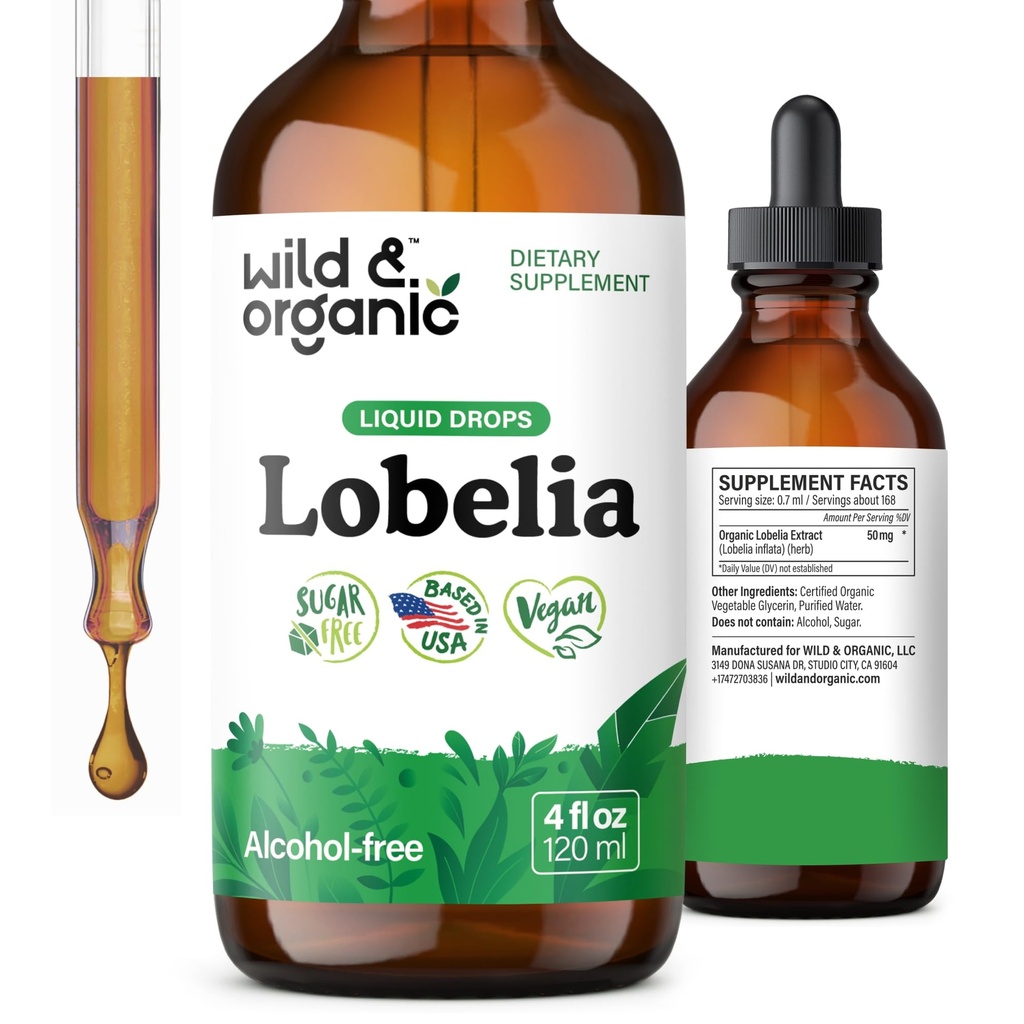 Wild & Organic Lobelia Tincture - Lung Detox and Cleanse - Liquid Lobelia Herb Supplement - Vegaani, Sokeri & Alkoholiton Leaf Extract Drops - 4 fl oz