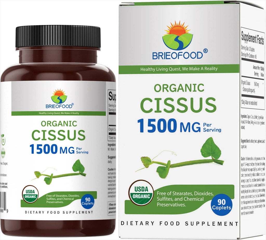 Brieofood Organic Cissus Quadrangularis 1500mg, 45 Tarjoilua, kasvissyöjä, Gluteeniton, 90 kasvisruokatablettia