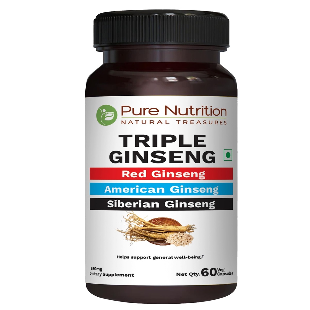 Pure Nutrition Triple Ginseng - ainutlaatuinen ja tehokas yhdistelmä Red Ginseng, American Ginseng ja Siperia Ginseng. 790mg kapselia kohti 60 Veg Caps -pakkaus