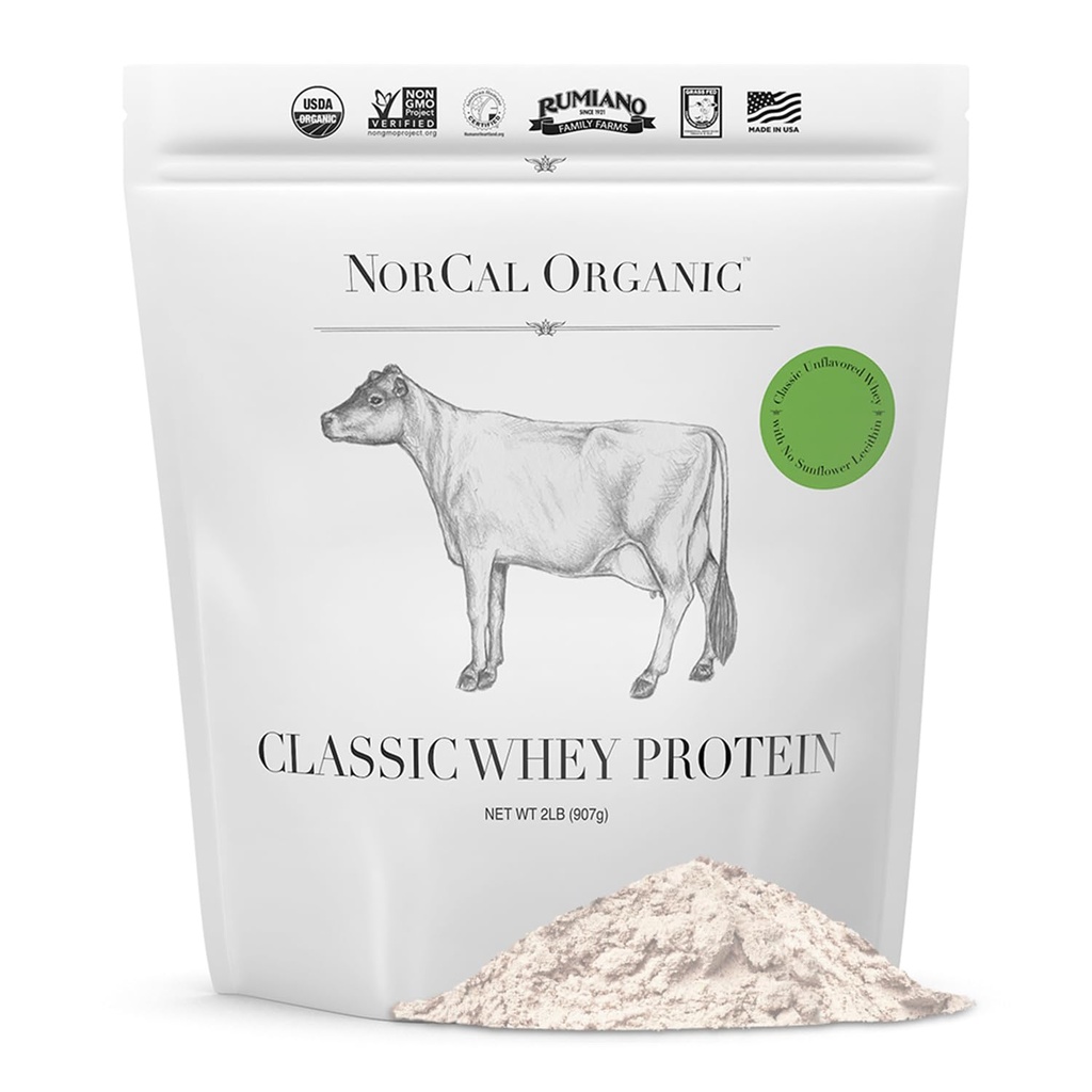 NorCal Organic - Classic Whey Protein - 100% Grass-Fed ja Grass-Finished - UNFLAVORED - Lesitiini vapaa - 2lb Bulk