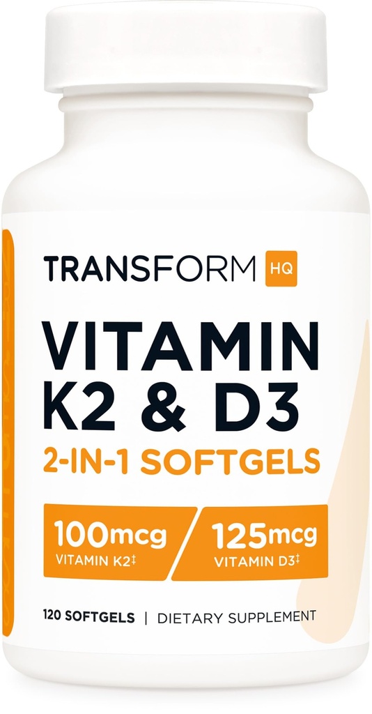 TransformHQ Vitamin K2 (MK7) (100mcg) + Vitamin D3 (5000 IE) 120 Softgels - Glutenfri och icke-GMO