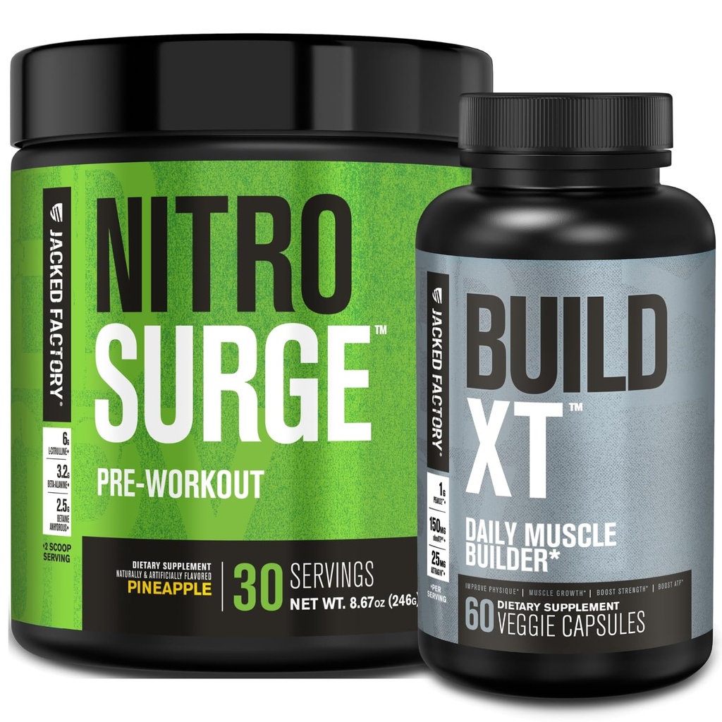 Jacked Factory Nitrosurge Pre-Workout in Ananas & Building XT Muscle Building Bundle for Men & Women