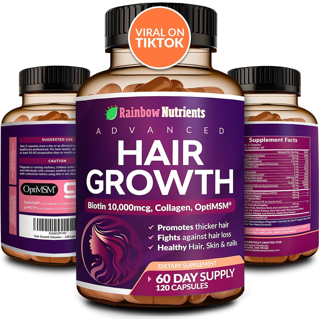 Hårtillväxt vitaminer för kvinnor | Biotin 10.000mcg, Collagen, Patented OptiMSM®, goMCT®, Saw Palmetto | Naturligt Regrow Stronger & Healthier Hair, Skin och Nails | Stops Hair Loss | 60 Day Supply