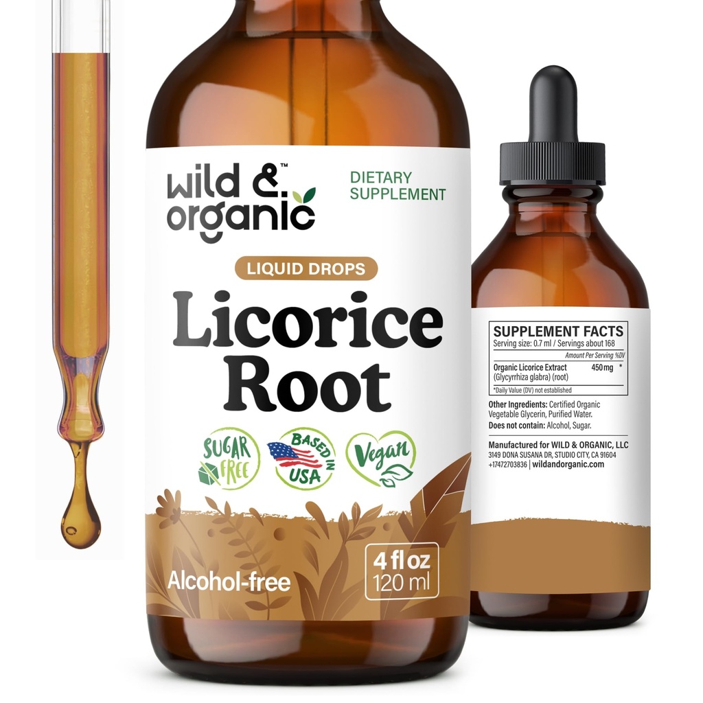Wild & Organic Licorice Root Tincture - Ruoansulatus-, keuhko- ja ihotuki - Lakritsi juuriuute Liquid Drops - Vegaani, sokeri & alkoholiton täydennysosa - 4 fl oz
