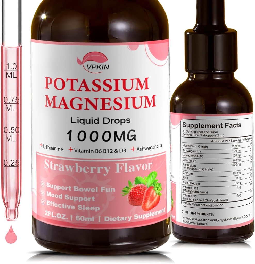 Kaliummagnesiumsitraatin täydennysosa, Magnesium-nestetippa ja magnesium-Glycinate 1000 mg, jossa on Ashwagandha,Zinc,Support Clam & Support Immunojärjestelmä(Strawberry,2 FL.OZ.)