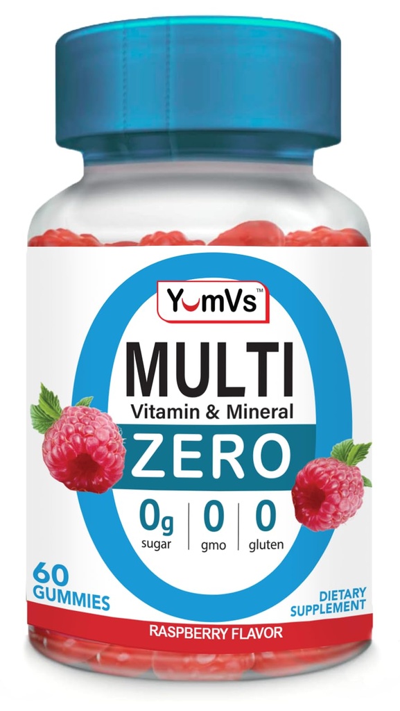 YUM-V'S Multivitamin Zero Gummies av YumVs | Sugar-Free Vitaminer Supplement för kvinnor och män | Krom, Thiamine och Magnesium | Naturlig Raspberry Flavor Chewables - 60 Count