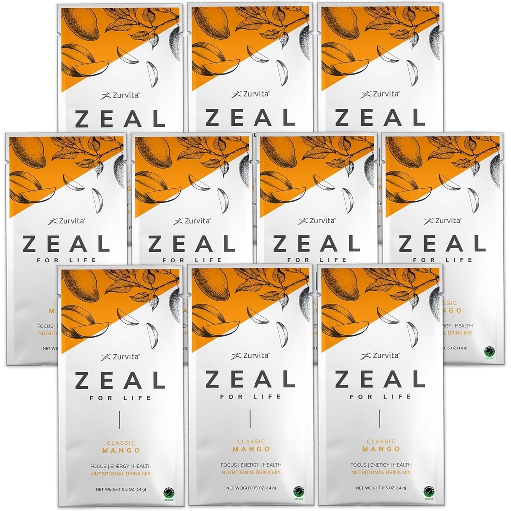 Zurvita - Zeal for Life Wellness Drink Mix - Classic Mango Flavor - Gluteeniton, Vegan, Biotiini, Vitamiinit ja Minerals for Health - 10 Packets