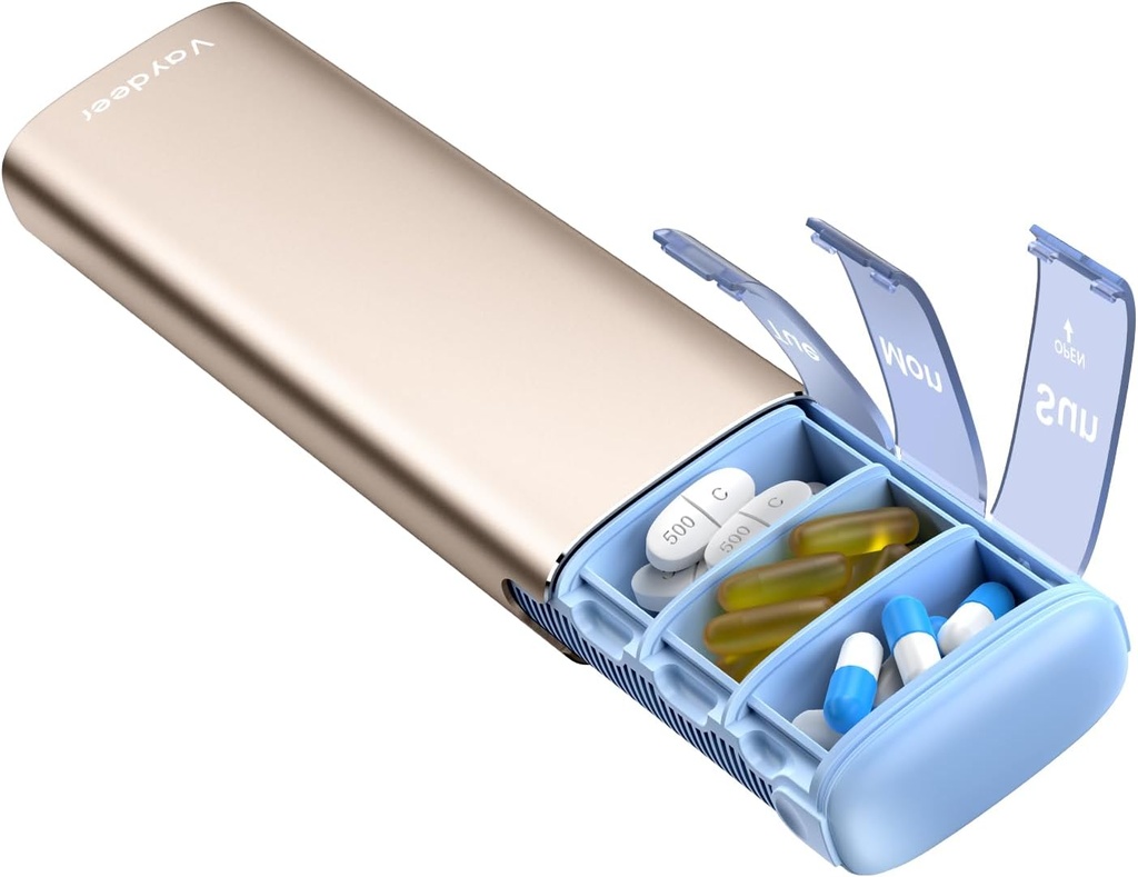 Vaydeer Metal Travel Pill Organizer, 7 päivän viikon pillerilaatikko, suuri kapasiteetti Päivittäinen söpö pilleri tapauksessa täydentää, pillereitä, vitamiineja ja lääkkeitä (pieni, samppanja)