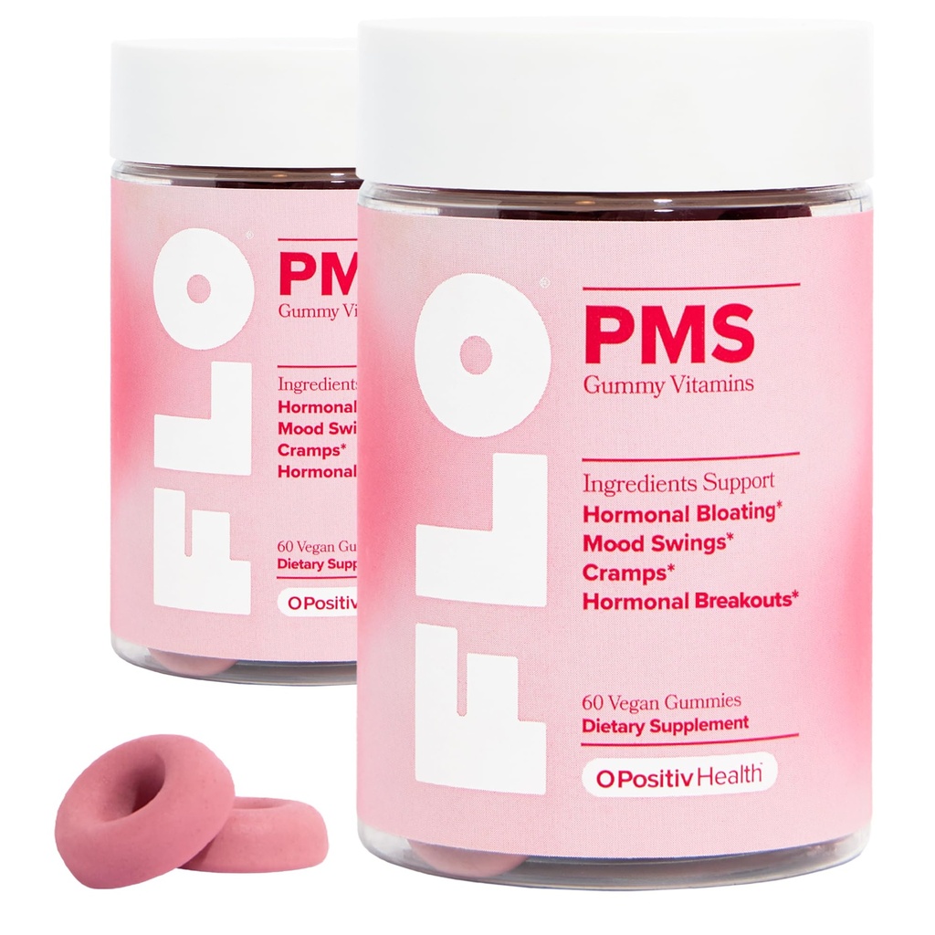 O Positiv FLO PMS Gummies for Women - Proaktiivinen PMS Relief - Tavoitteet Hormonaalinen Breakouts, turvotus, Kramppeja, & Mood Swings Chasteberry, B6-vitamiini & sitruuna Balm - PMS Gummies (Pack of 2)