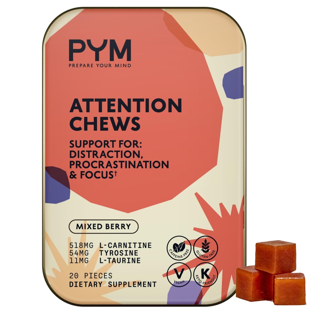 PYM Attention Chews Support for Procrastination, Focus & Productivity, 20 Count | 518mg L-Carnitine, 54mg Tyrosine, 11mg L-Taurin, koffeinfri | All-Natural Mood Boost Supplement Made in USA